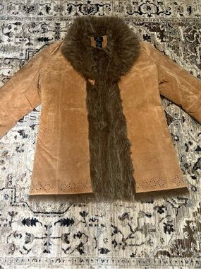 Suede Teddy-Lined Camel Jacket with Faux Fur Trim